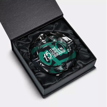 Aschenbecher aus Glas mit GB 15th Anniversary Etui