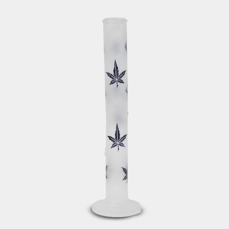 Rückansicht der satinierten Glasbong mit blauen Blättern, 42 cm