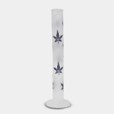 Rückansicht der satinierten Glasbong mit blauen Blättern, 42 cm