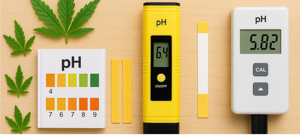 Beispiel für Werkzeuge zur pH Messung im Cannabisanbau, einschließlich digitaler Messgeräte und Teststreifen neben Cannabispflanzen