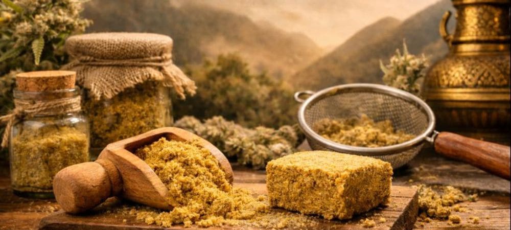 Blondes Pollen, gewonnen durch Trockensiebung mit traditionellen Werkzeugen und separiertem Harz
